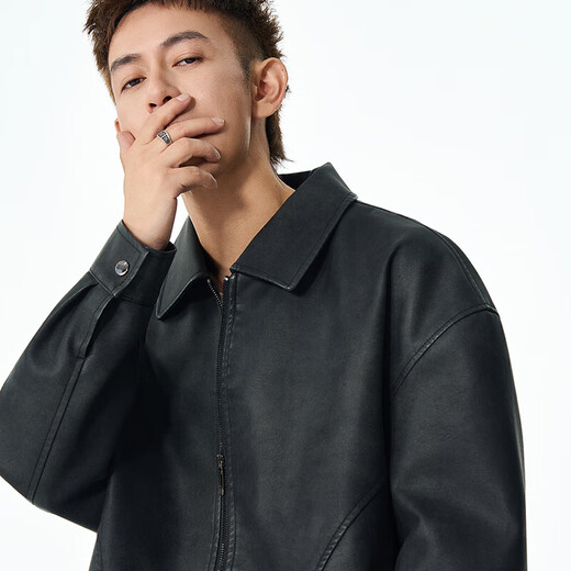 American trendy brand retro PU leather jacket with spliced lapel jacket for men, spring and autumn loose and versatile casual jacket, black M