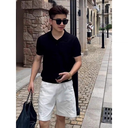 Tulan old money style outfit suit for men 2025 new American Henry collar knitted short-sleeved men's thin linen shorts, a set of two, black polo shirt + white shorts XL (suitable for 130-145 Jin Jin equals 0.5 kg