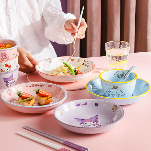 Disney (Disney) ceramic rice bowl children's tableware cream style plate creative cute girl heart ins style home use 5 pieces of big ear dog (rice bowl + spoon + chopsticks + plate + cup)