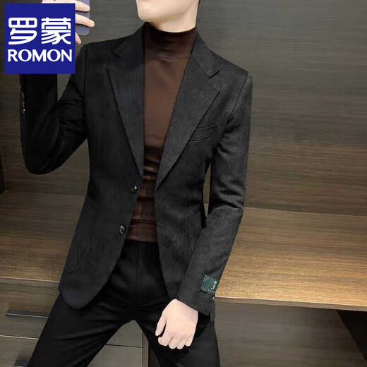 Luo Meng autumn and winter high-end handsome single suit jacket men's trendy casual suit Korean version slim buckskin velvet suit jacket brown 2XL