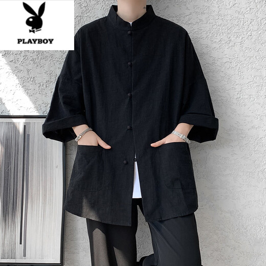 
Playboy (PLAYBOY) Chinese style Tang suit men's sling shirt summer Hanfu new Chinese men's large-size Taoist robe jacket black [seven-quarter sleeves] + navy blue linen pants 8XL (275 to 300 Jin [Jin equals 0.5 kg] can be worn)