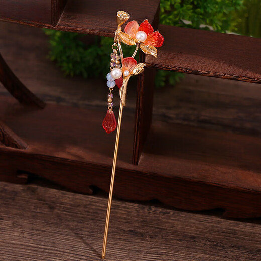 Shijun (SHIJUN) lotus hairpin, ancient style flower tassel hairpin, red ancient costume fairy hair accessories cheongsam 2025 new style