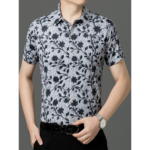 
Seven Wolf (SW1960) summer print short-sleeved floral shirt men's handsome Chinese style dragon pattern ice silk inch shirt half sleeve casual dad suit yellow 9898 model 2XL 185