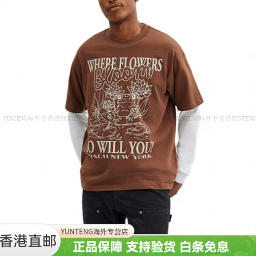 蔻驰（COACH）FW24字母满印圆领宽松短袖T恤男款褐色时尚轻便百搭潮流 褐色 S
