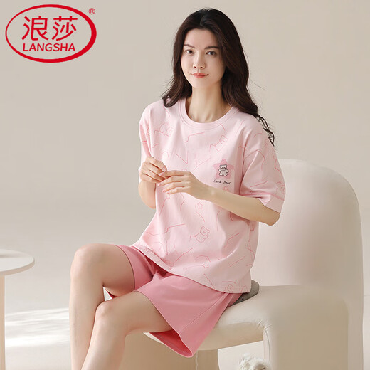 浪莎（LangSha）轻奢睡衣女夏季短袖短裤棉圆领薄款甜美粉色家居服套装可外穿 Z9859 M 【80-100斤穿】