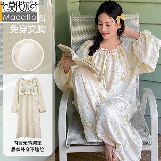 Modal nightgown with chest pad thin extended pajamas new style dress Chinese style long-sleeved Chinese style exterior home clothing [upgrade] chest pad # extended skirt AM13064 M [recommended 80-100Jin [Jin equals 0.5 kg]]