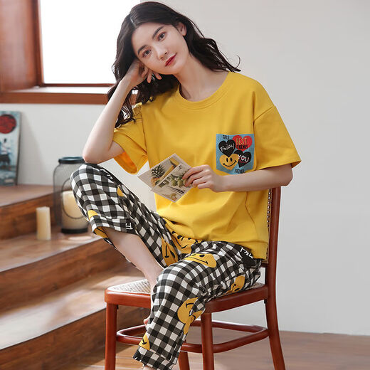 Langsha 100% pyjamas en coton pur pour les femmes au printemps et en été pantalon à manches courtes Femmes lâches décontractées Vêtements de maison de style coréen pour le costume d'automne T-9711 (pantalon à manches court)