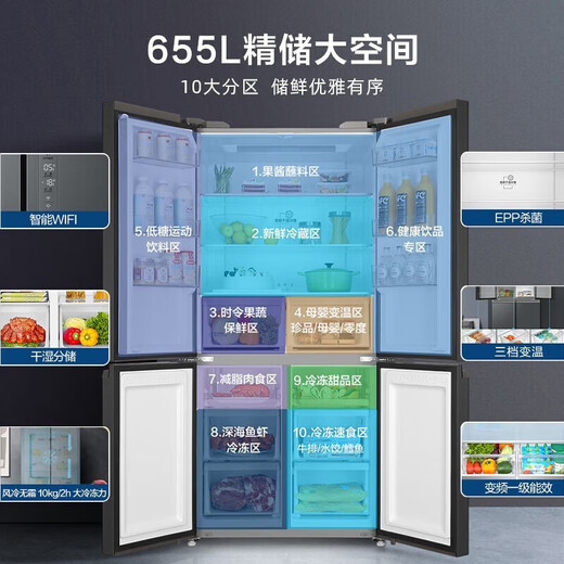 Haier Kühlschrank 655L Viertürer Kreuz mit zwei Tätern mit energieeffizientem Haushaltsfrequenzumwandler luftgekühlter frostfreier Super großer Kapazität BCD-655WGHTD9DG9U1 Die gesamte Maschine ist 10 Jahre Wartung.