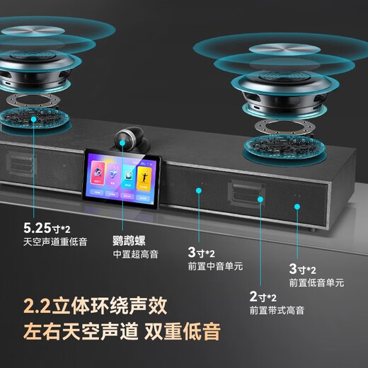 HYUNDAIQ5Plus Heim-KTV-Audioset, Heim-Wohnzimmer-TV-Karaoke-Karaoke-Maschine, All-in-One-Massivholz-Bluetooth-Heimkino, Echo-Wand-Subwoofer-Lautsprecher, Voice-Karaoke, verbesserte Version – zwei 8-Zoll-Subwoofer + zwei kabellose Mikrofone