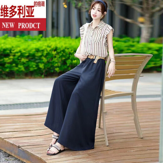 维多利亚的格调时尚小香风短袖条纹衬衫+阔腿裤两件套小仙女夏季新款裙裤一整套 白色 两件套 L 建议穿110-122斤左右