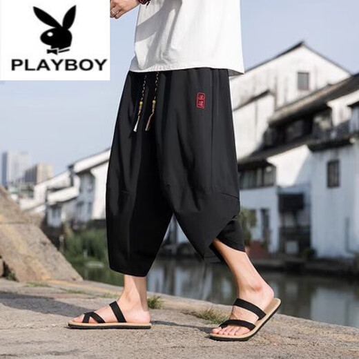 花花公子（PLAYBOY）夏季男士七分亚麻裤风提花裤子棉麻休闲裤宽松大码八分哈伦裤 灰色 L