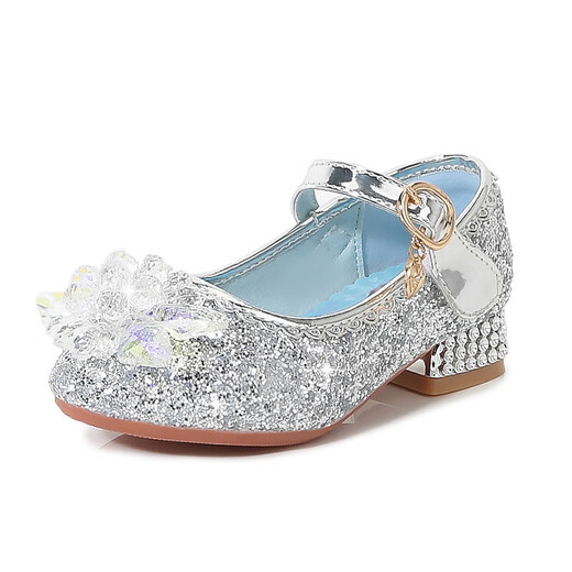Meiyi Tong 2025 Spring and Autumn New Thick Heel Princess Shoes Cartoon Princess Elsa Mary Jane Shoes Girls Crystal Sequins Blue 28 Inner Length 17.5cm