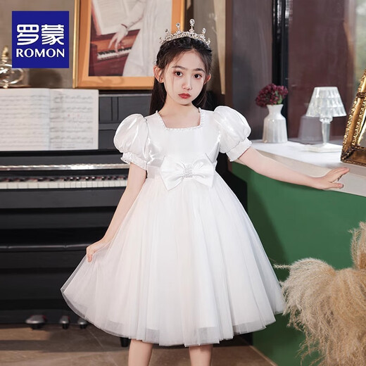 罗蒙毕业演出主持人礼服女童毕业白色公主裙生日花童钢琴 白色130