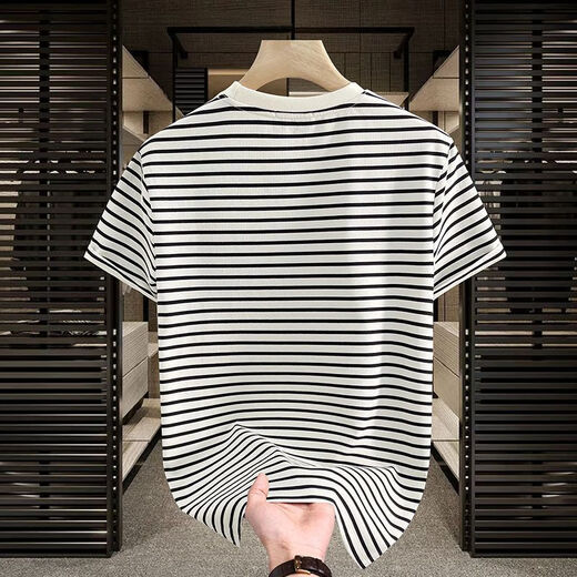 Begiche 2025 Neues kurzärmeliges T-Shirt Mode Casual Trend Summer Striped Round Neck Herren vielseitiger obere weiße, atmungsaktive schweißabsabsorbierende Baumwolle 9898 m