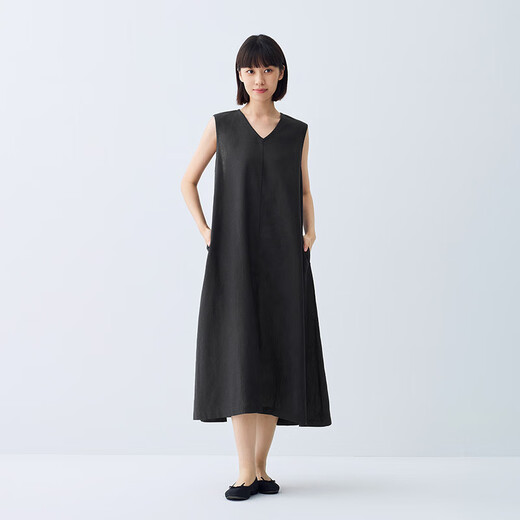 无印良品（MUJI）女式 棉 汉麻 无袖连衣裙女装裙子夏季 连身裙长裙 BCD91C5S 黑色 M （160/84A）