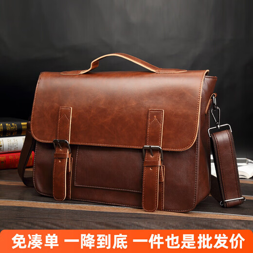 
POLO retro Crazy Horse PU leather postman bag shoulder bag trendy men's new style cross-span bag business casual briefcase electric black 1
