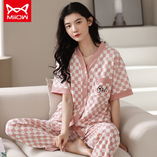 猫人 MIIOW睡衣女春夏短袖长裤开衫韩版可爱V领夏天家居服全纯棉套装 YSH-9734#开衫 M 码80-100斤