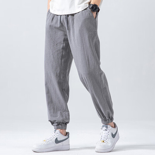 Linen nine-point pants men's elasticated summer cotton and linen thin Chinese style casual pants for middle-aged and young people with leggings light gray XL (recommended 160-180 Jin Jin equals 0.5 kg)