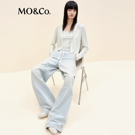 
MO/Co.[active series] Jeans 2025 autumn new product drawstring mid-waist pinch wide-leg pants MBE3JEN008 denim blue S/S