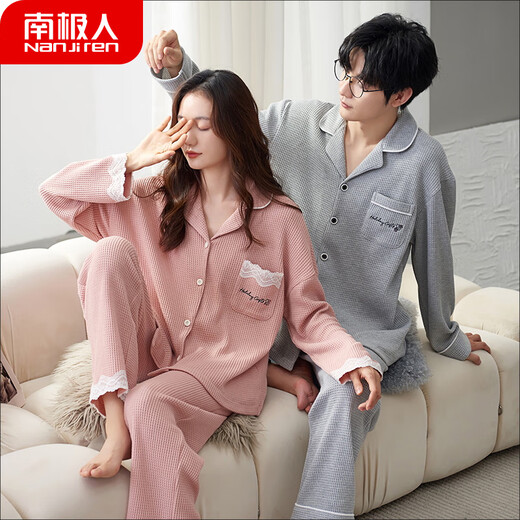 Couple antarctique Pyjama Coton Pure Coton Long Manches pour les femmes au printemps et à l'automne New Men's Simple Full Cotton Waffle Waffle Home Vêtements 9853 M Femmes_