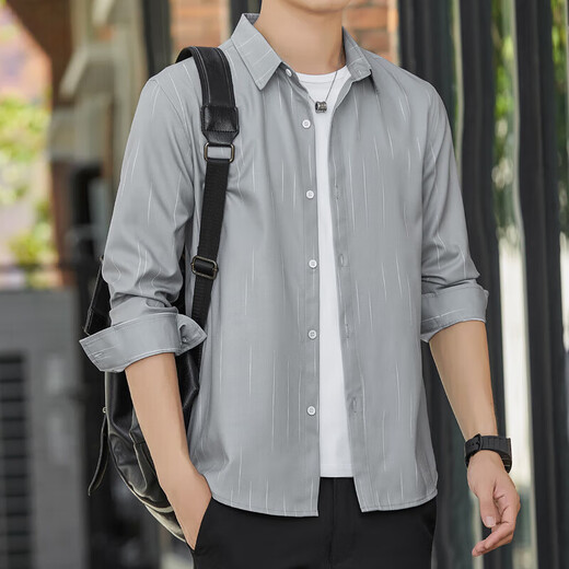 Sommer-Männer-Langarm-Hemd Ice Seide Kühl und dünner Sonnenschutz und atmungsaktives äußeres Kleidung Hemd lose und leichte Modemarke-Jacke 6173 Grau M 90-110jin [Jin gleich 0,5 kg]