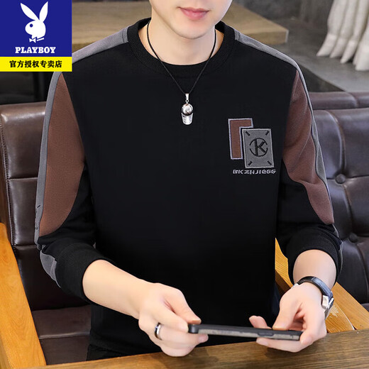 Playboy Spring and Autumn Men's Sweatshirt 2026 New Round Neck Hoodless Embroidered Long Sleeve T-shirt Men's Trendy and Handsome Bottoming Top Spring and Autumn Style-8822 Black High Quality XL Recommended 130-150Jin Jin is equal to 0.5 kg