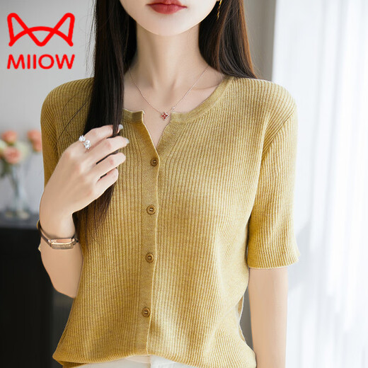 Cat Man (MiiOW) light luxury gentle style collar knitted short-sleeved shirt for women in summer thin ice silk light breathable cardigan short top Beige M 90-110Jin [Jin equals 0.5 kg]