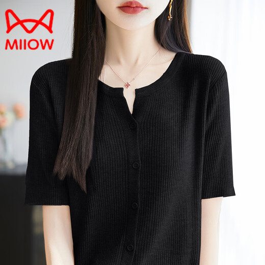 Cat Man (MiiOW) light luxury gentle style collar knitted short-sleeved shirt for women in summer thin ice silk light breathable cardigan short top Beige M 90-110Jin [Jin equals 0.5 kg]
