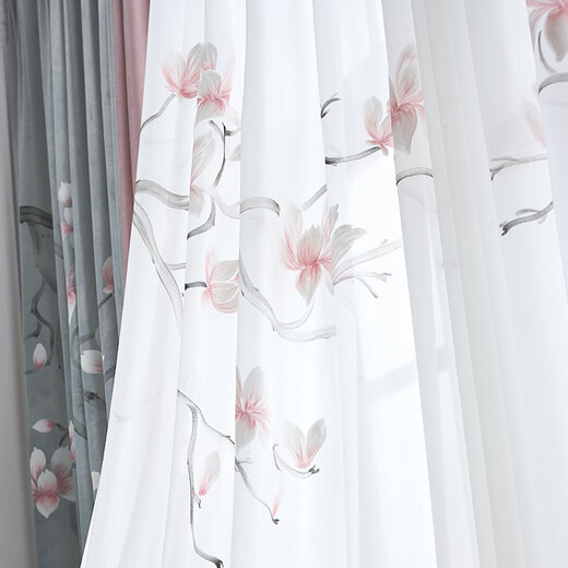 Wen Yijia's new Chinese style curtains, creative hand-painted magnolia flocking cloth, living room and bedroom, high-end Zen Chinese style window screen, gray blue, hand-painted velvet cloth - pink flowers, it takes a few meters to take a few pieces (free processing)