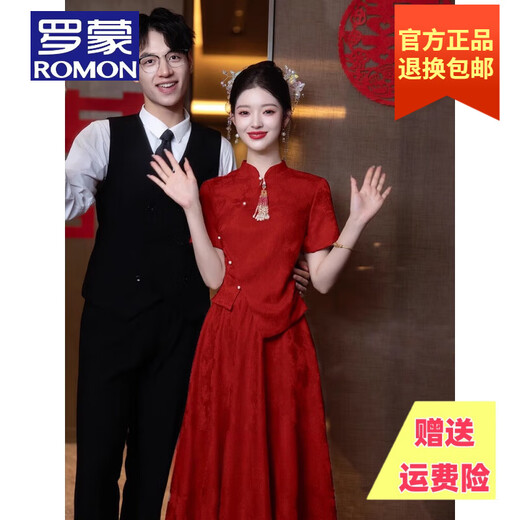 罗蒙品牌新中式旗袍改良敬酒服2025新款酒红色新娘结婚晚礼服订婚连衣 酒红色 常规款(裙长88cm) L 100-110斤
