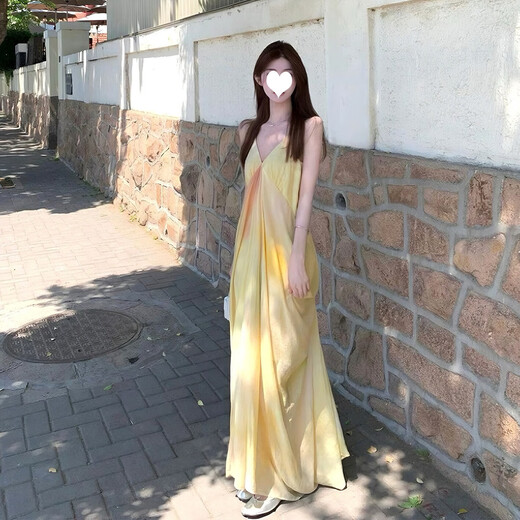 
Fujian French Sanya Seaside Holiday Stand Dress Dopamine Backless Yunnan Thailand Travel Draped Beach Dress Yellow Dress M [Suggested 95-110Jin [Jin equals 0.5 kg]]