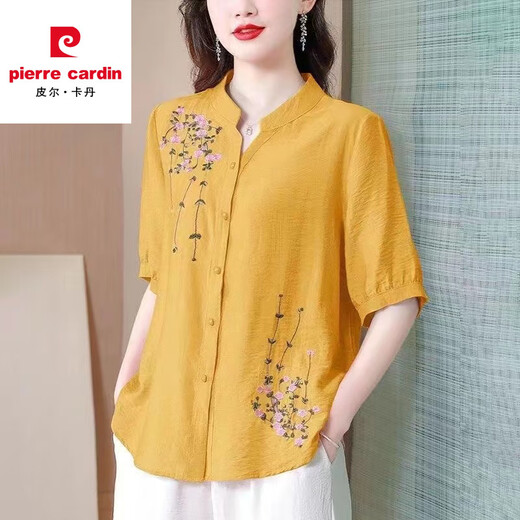 皮尔卡丹夏季中袖棉麻上衣女2025新款国风刺绣女士衬衫妈妈装宽松亚麻小衫 粉色-694 M 【约108斤内】