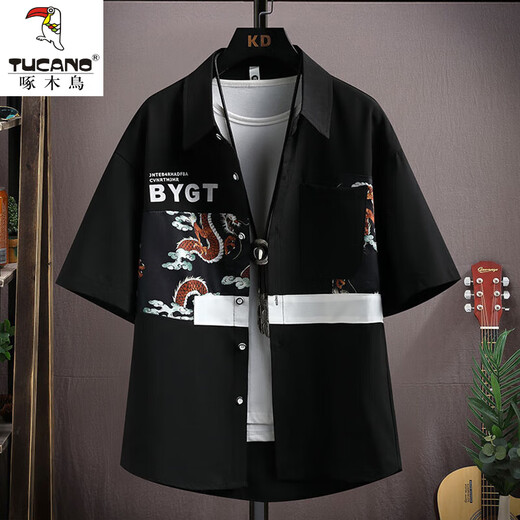 Woodpecker (Tucano) Camisa de manga corta Hong Kong Sail Sail Silk New Fashion Marca de moda Contrasting Color Camiseta Investable Camisa suelta de hombres 10910-CY2406 Negro XL alrededor de 120-145Jin [Jin equivale a 0.5 kg] se puede usar