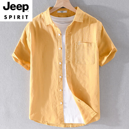 Jeep Spirit Herren-Leinen Lappel mit kurzärärmigem T-Shirt lose Hemdkragen mit Kragen T-Cotton Leinen T-Shirt-Leinen Sommerkleidung Yunyi-9711 Yellow XL 135Jin [Jin gleich 0,5 kg] ungefähr