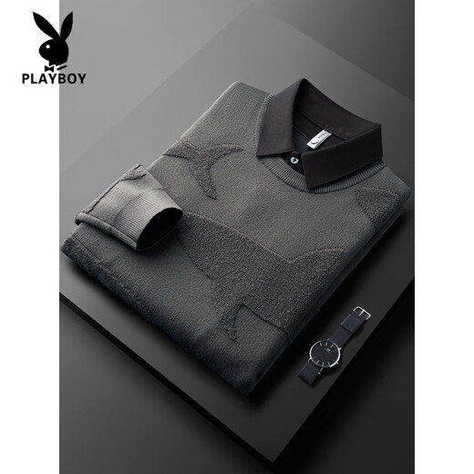 花花公子（PLAYBOY）高端轻奢秋秋季潮牌假两件毛衣男衬衫领修身保暖鲨鱼刺绣针织衫男 灰色  BNS9853 M