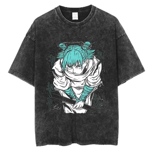Sumijujutsu kaisen lavado retro y vieja camiseta de manga corta cinco técnicas de iluminación jujutsu regresan al cosal periférico en el lavado de agua y negro B691 S