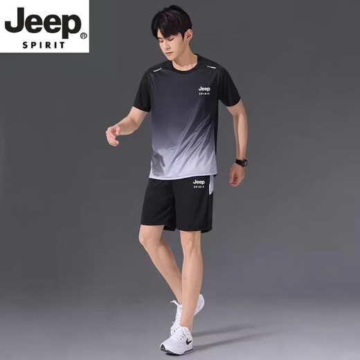 JEEP SPIRIT高端运动冰丝T恤男士速干短袖跑步套装夏季球衣篮球羽毛球服新品 jp-9901黑灰套装 M