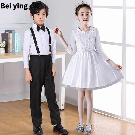 Children's Day Children's Day Performance Clothes Kindergarten Performance Clothing Kindergarten Performance Children's Performance Clothes Chorus Clothes Dance Recitation Dress Princess Skirt Puff Skirt Overalls Kindergarten Students Men's Short-Sleeved Shorts + Black Tie Suspenders + Socks 120