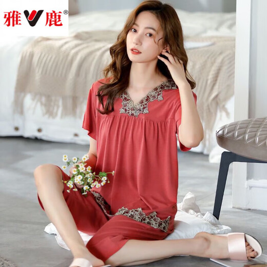 雅鹿100纯.棉睡衣女士夏季薄款短袖七分裤夏天家居服套装 6624 高品质纯棉 XXXL 150斤一165斤