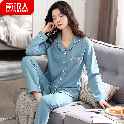 南极人睡衣女春秋纯棉长袖家居服套装加肥大码薄冬夏全棉开衫新款 湖蓝色_9902 M