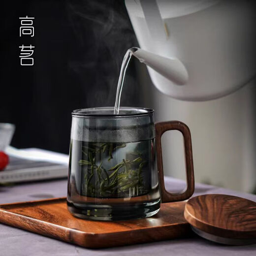 玻璃带盖茶杯个人专用男士茶道杯茶水分离带把办公室红茶水杯 9194泡茶三件杯榉木450ML 200mL(含)-400mL(含)