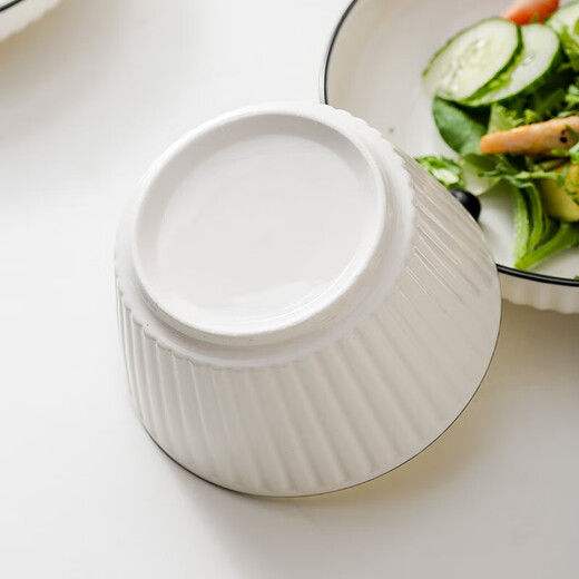 Yamada vertical pattern series household beautiful ceramic tableware rice bowl dish plate ceramic tableware set American vertical pattern 8-piece set (2 bowls, 2 plates, 2 chopsticks, 2 spoons)