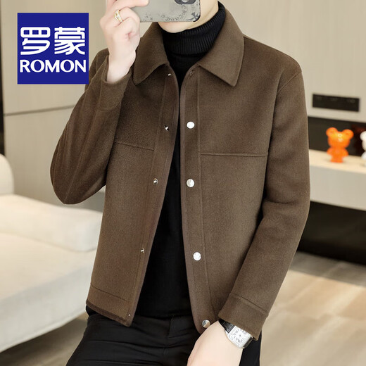 ROMON sheep wool jacket men's short autumn and winter new business casual warm lapel double-sided woolen jacket trendy international gray XL 180 about 130-145 Jin Jin equals 0.5 kg can be worn
