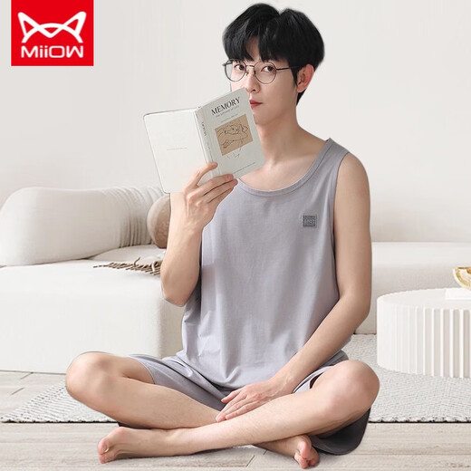 Catman MIIOW vest pajamas men's modal spring and summer round neck sleeveless shorts home clothes loose plus size set two-piece set NJR-12026 [Men's suit] L [Suggested 100-140Jin [Jin equals 0.5 kg]]