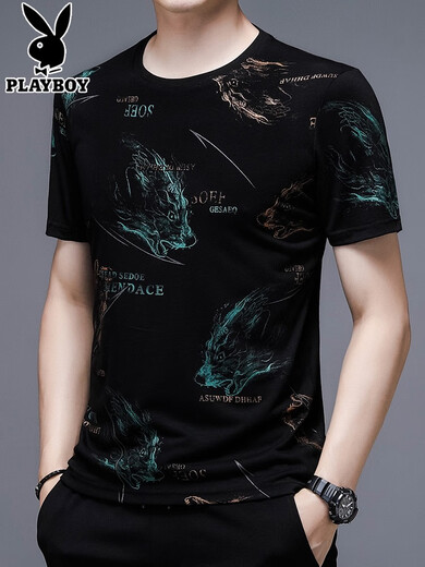 Playboy Playboy Short-sleeved T-shirt for Men 2025 New Summer Fashion Men's Ice-Sensory Mulberry Silk Cotton T-shirt High-end 13807# Blue Ice-Silk Short-sleeved T-shirt 10XL 170/l115-130Jin[Jin equals 0.5 kg]