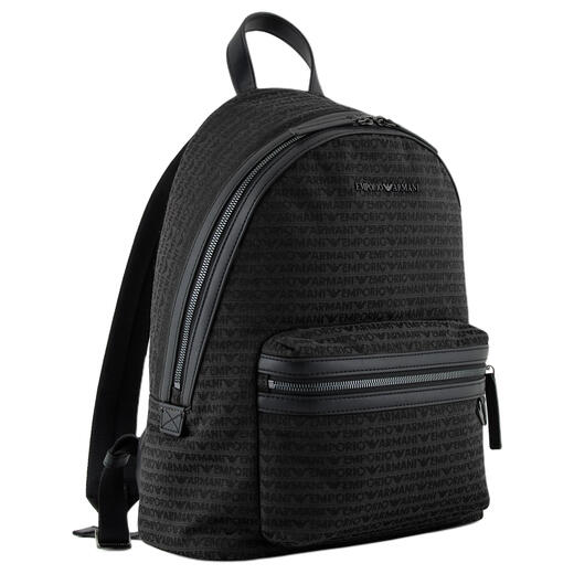 Emporio Armani JACQUARD Brand Classic Printed Zipper Close Cotton Backpack Men's Black Basic Pack (Bake + Dust Bag)