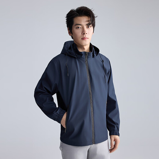 Lilang Light Fashion Men's Removable Hooded Jacket Men's Anti-Wrinkle Easy-Care Youth Commuting Casual Jacket Navy (2K) XL (175)