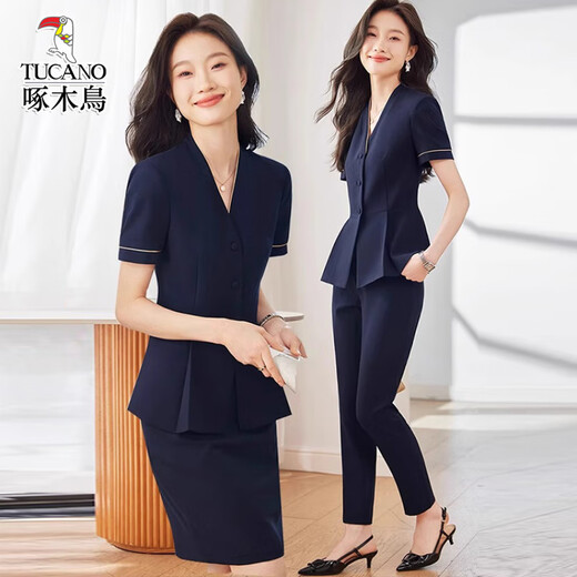 Woodpecker professional suit for women beauty salon front desk work clothes feel temperament commuting fashionable small suit jacket 5501 navy blue short-sleeved suit S [suitable for 75-90Jin [Jin equals 0.5 kg] wear]