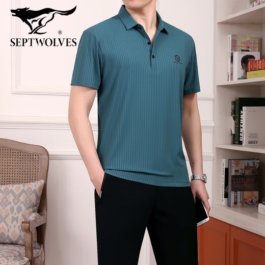 七匹狼（septwolves）爸爸夏装冰丝短袖套装2025新款中老年运动套装男士父亲t恤POLO衫 756海蓝【冰丝T恤】 L