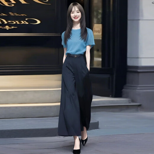 忻依美时尚套装女两件套2025夏季新款洋气显瘦冰丝短袖高腰阔腿裤套装 蓝色上衣+黑色裤子【套装】 L 【110-120斤】